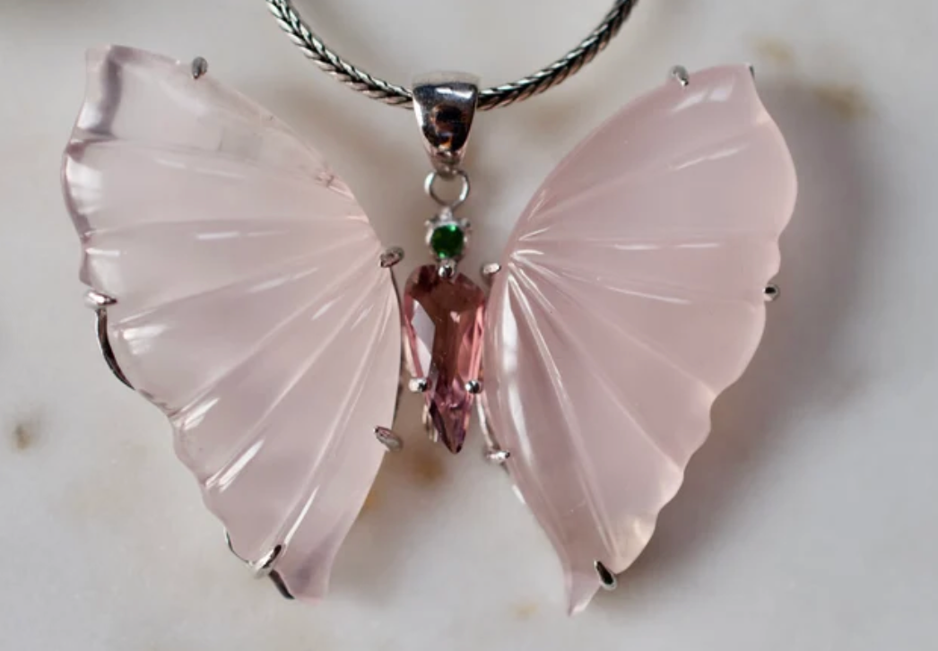 Peruvian Pink Opal Butterfly Necklace Sterling Silver