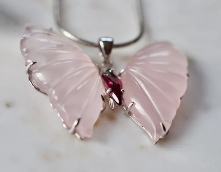 Peruvian Pink Opal Butterfly Necklace Sterling Silver