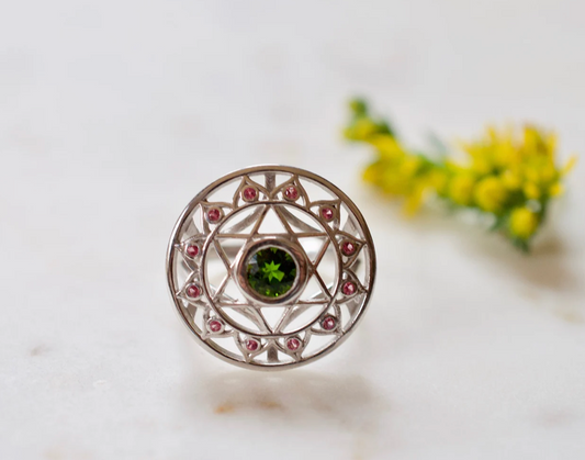 Chrome Diopside and Pink Sapphires Heart Chakra Sterling Silver Ring