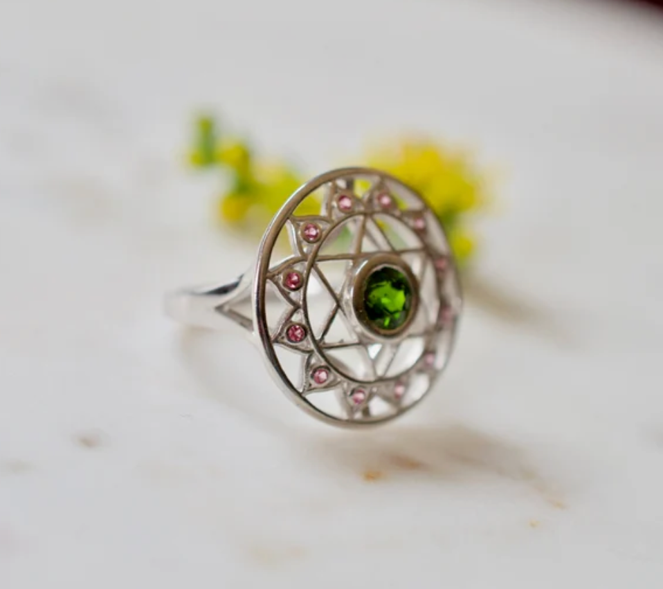 Chrome Diopside and Pink Sapphires Heart Chakra Sterling Silver Ring