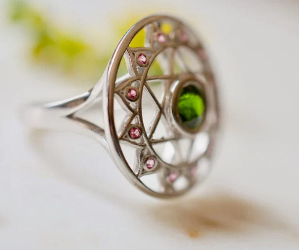 Chrome Diopside and Pink Sapphires Heart Chakra Sterling Silver Ring