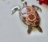 Indonesian Fossilized Star Coral Sterling Silver Turtle Pendant Necklace
