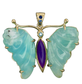 18K Gold Blue Opal & Diamond Butterfly Pendant