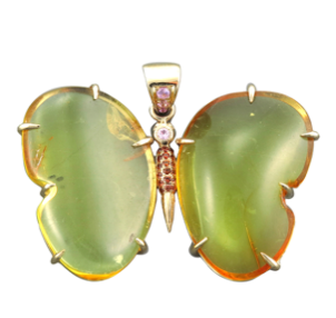 14K Gold Amber and Ruby Butterfly Pendant