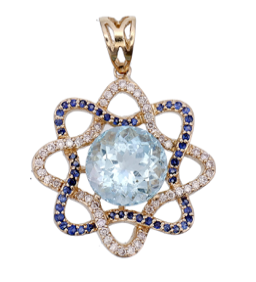 9k Gold Galaxy Aquamarine, Diamond, & Sapphire Pendant Necklace