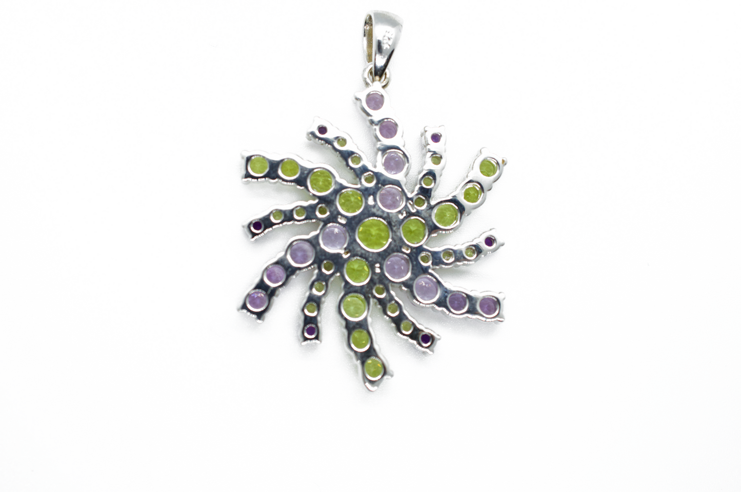 Green Peridot & Purple Snowflake Mandala Silver Necklace