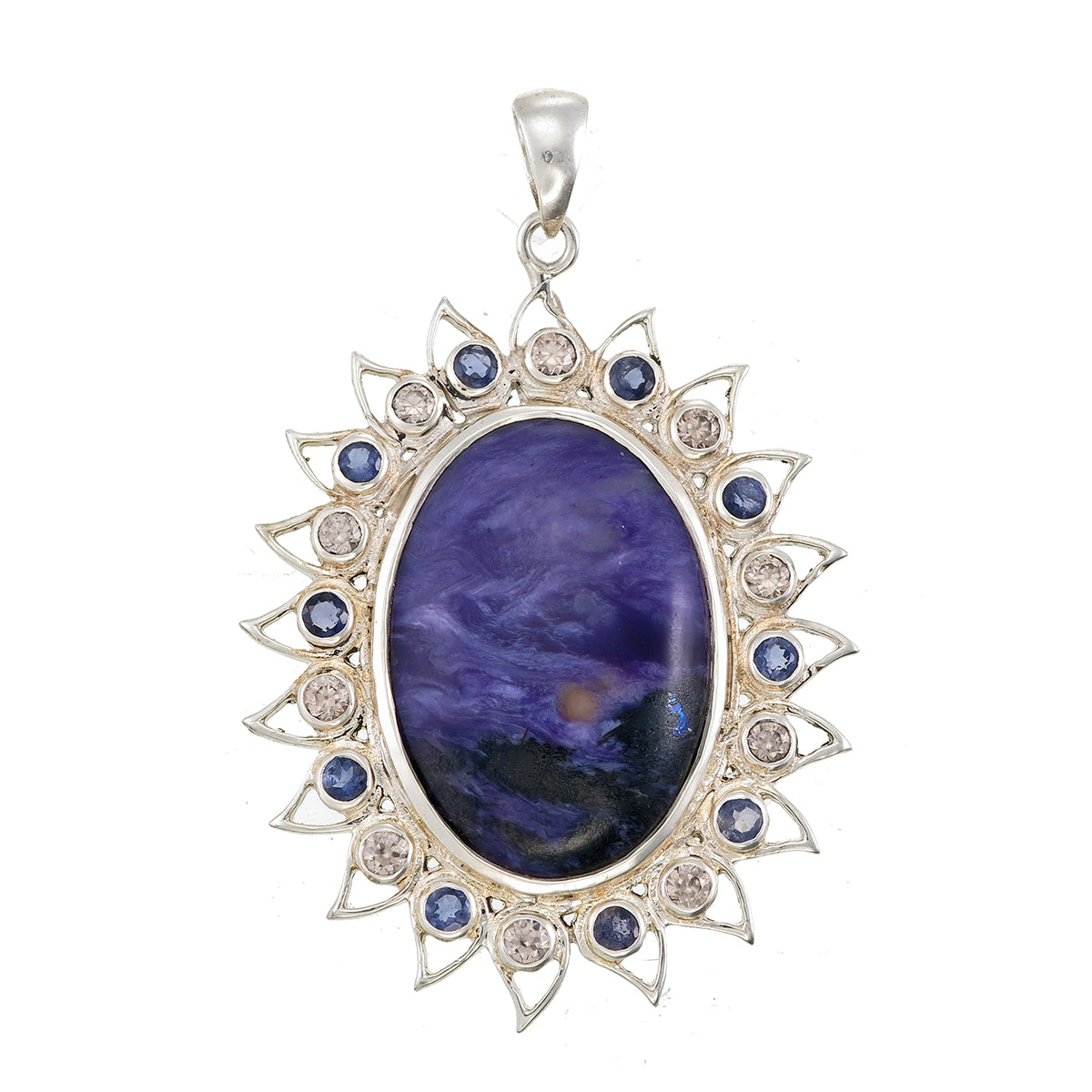 Be Here Now Charoite Lotus Pendant With Iolite & Zircon