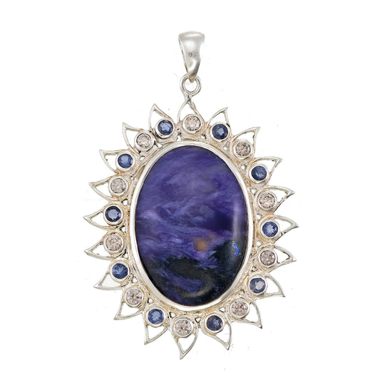 Be Here Now Charoite Lotus Pendant With Iolite & Zircon
