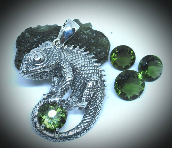 Chameleon with Faceted Moldavite Pendant Necklace