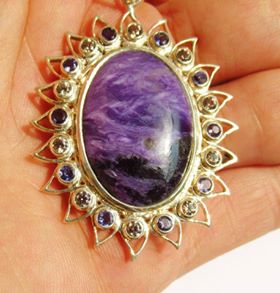 Be Here Now Charoite Lotus Pendant With Iolite & Zircon