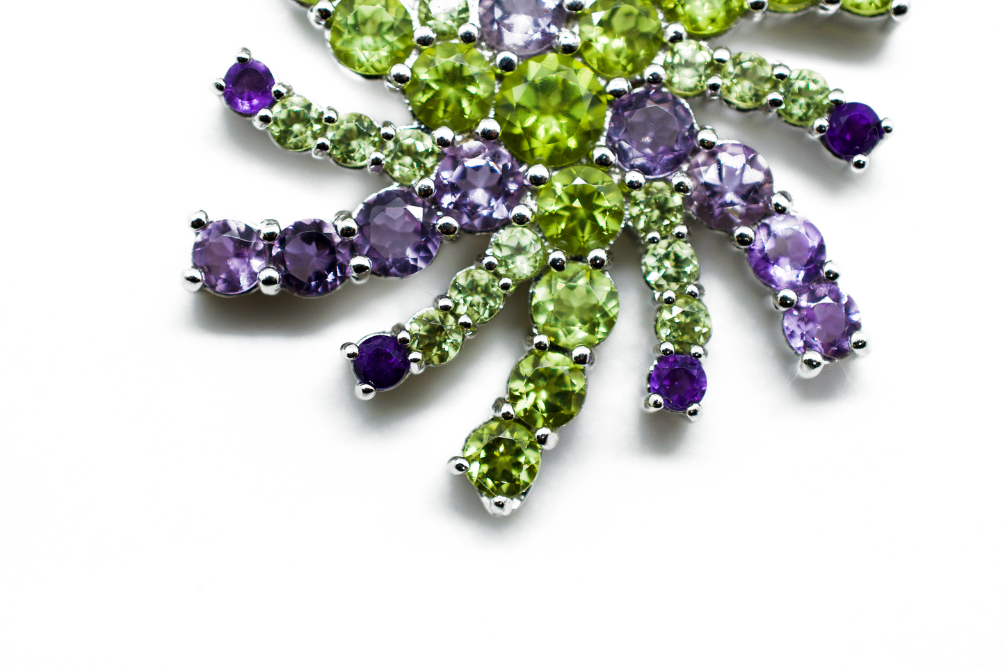 Green Peridot & Purple Snowflake Mandala Silver Necklace