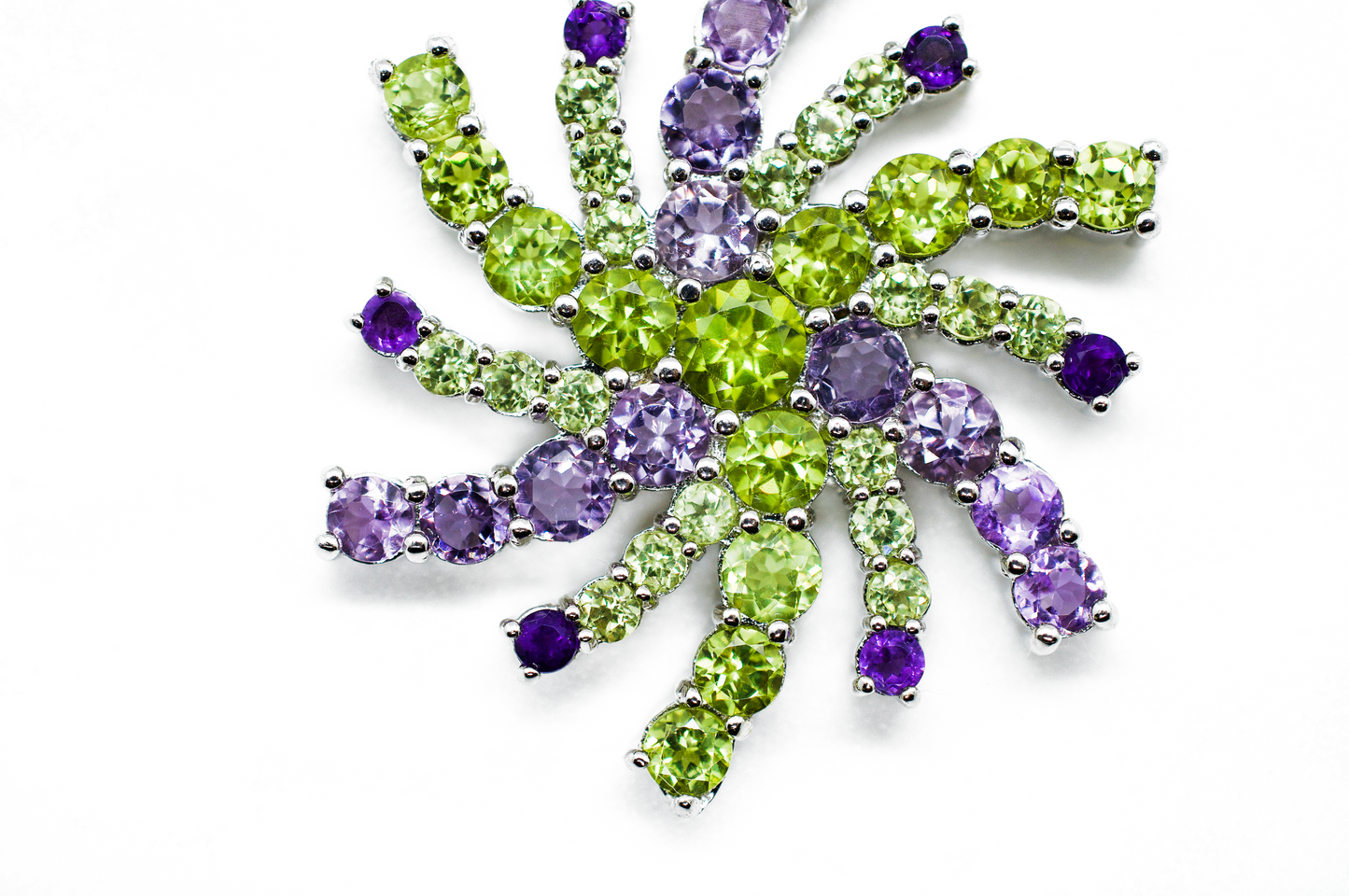 Green Peridot & Purple Snowflake Mandala Silver Necklace