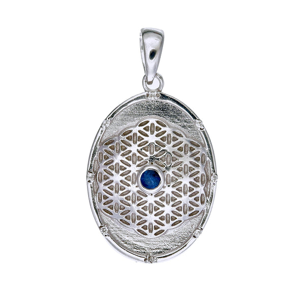 Flower of Life Pendant Oval with Blue Sapphire Sterling Silver Necklace
