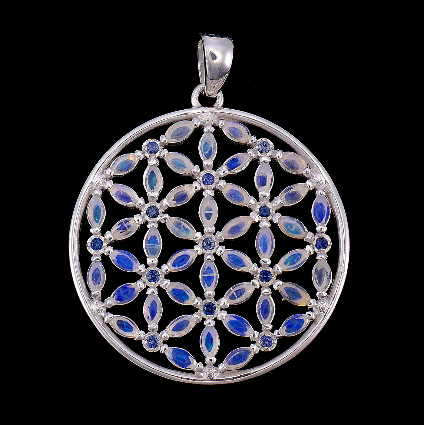 Luminous Opal & Sapphire Flower of Life Pendant Small Version