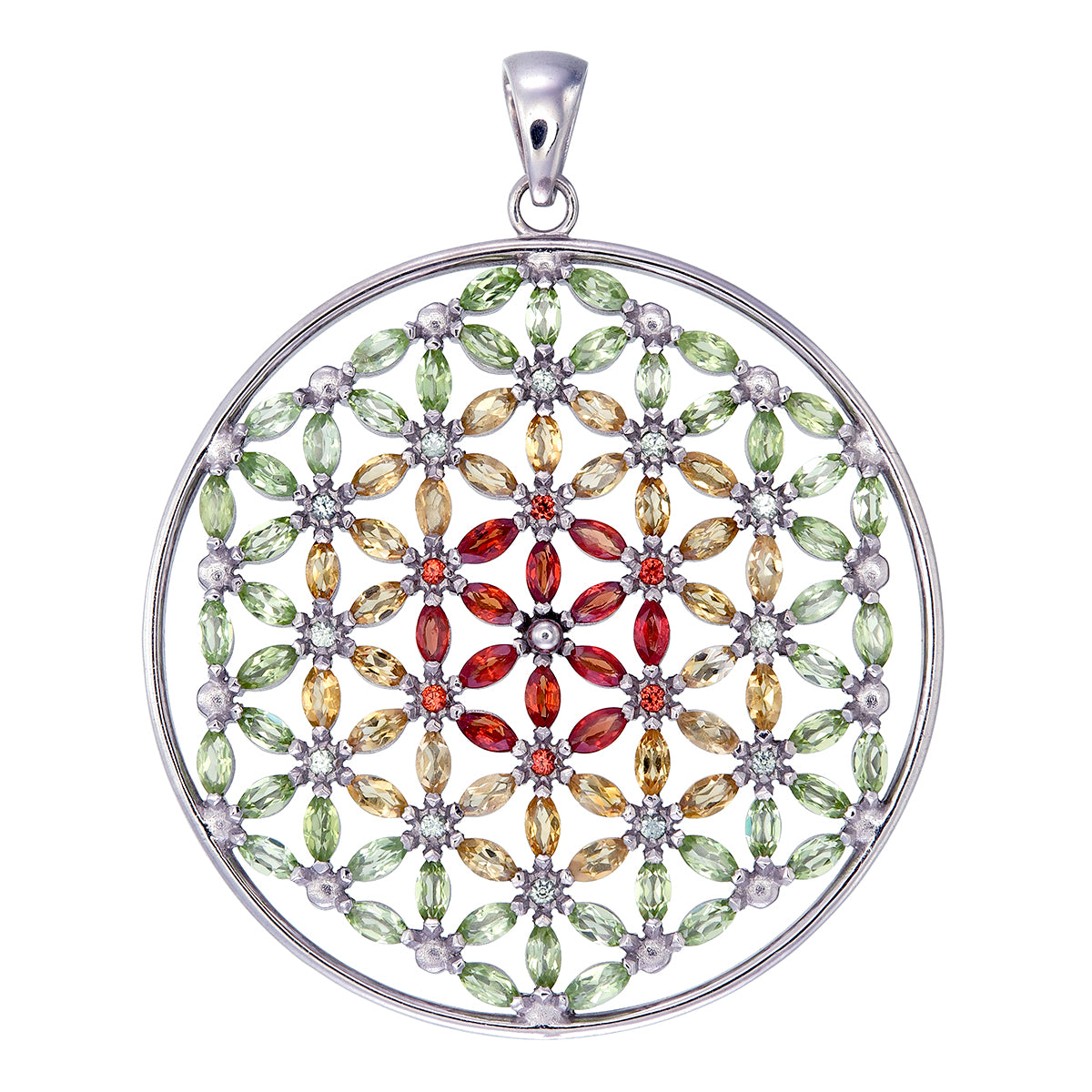 Kaya Flower of Life with 108 Gems in Red, Yellow, & Green Sterling Silver Pendant