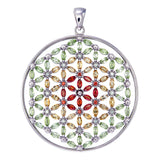Kaya Flower of Life with 108 Gems in Red, Yellow, & Green Sterling Silver Pendant