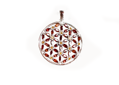 Garnet and Citrine Marquis Flower of Life Silver Necklace