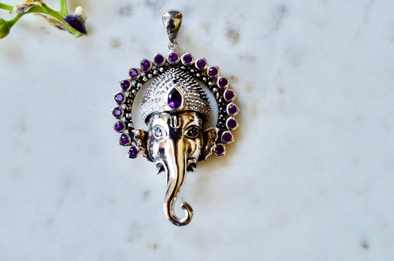 Jai Ganesha Necklace with Amethysts, Rhodolite Garnets, and Blue Sapphires