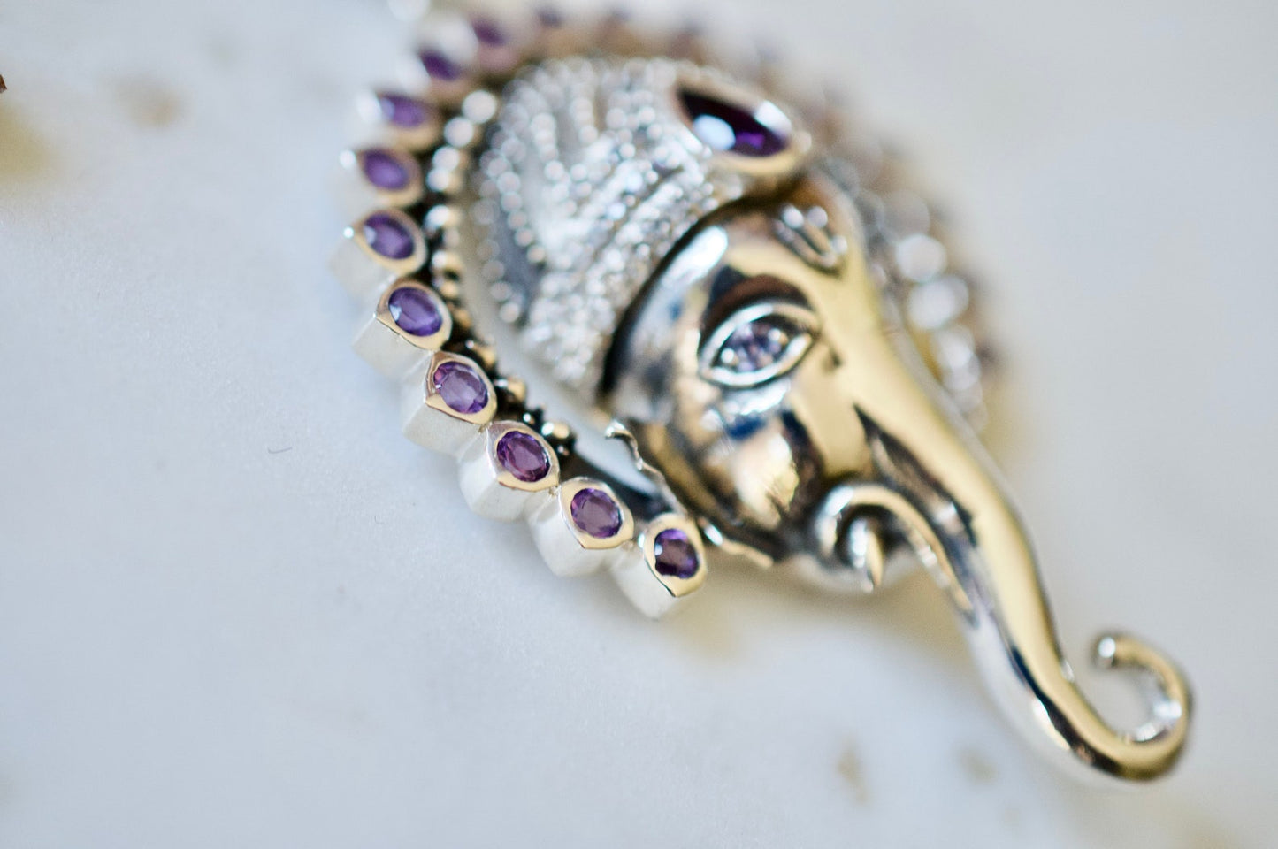 Jai Ganesha Necklace with Amethysts, Rhodolite Garnets, and Blue Sapphires