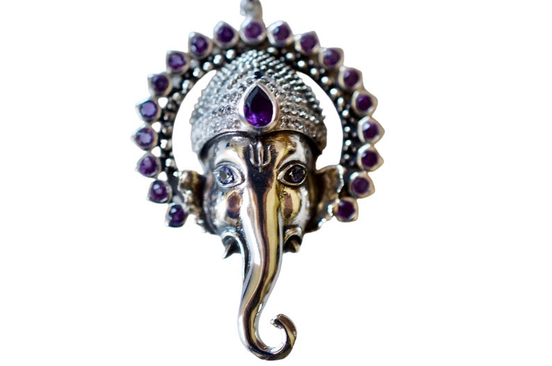 Jai Ganesha Necklace with Amethysts, Rhodolite Garnets, and Blue Sapphires