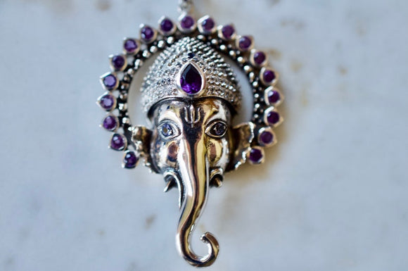 Jai Ganesha Necklace with Amethysts, Rhodolite Garnets, and Blue Sapphires