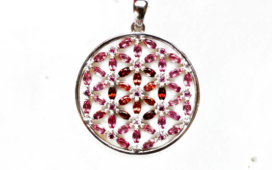 Marquis Flower of Life Sterling Silver Necklace Featuring Garnet and Rhodolite Garnet