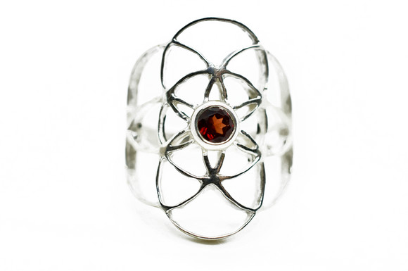 Garnet Silver Seed of Life Ring