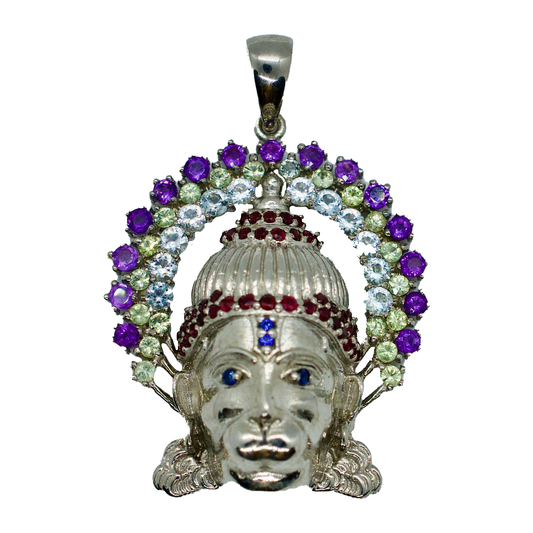 Hanuman Sapphire Pendant Necklace with Ruby Crown 