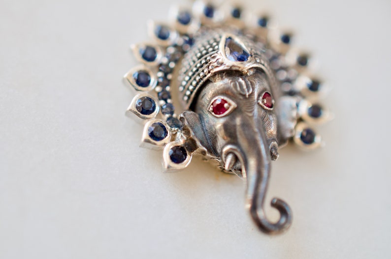 Small Jai Ganesha Sterling Silver Pendant with Rubies and Blue Sapphires