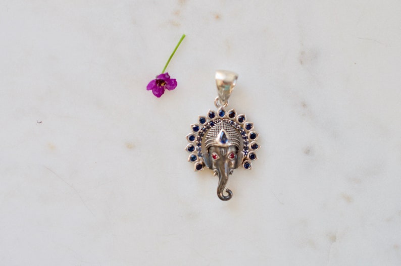 Small Jai Ganesha Sterling Silver Pendant with Rubies and Blue Sapphires