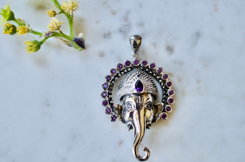 Jai Ganesha Necklace with Amethysts, Rhodolite Garnets, and Blue Sapphires