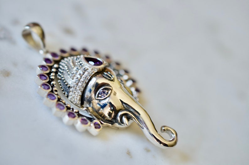 Jai Ganesha Necklace with Amethysts, Rhodolite Garnets, and Blue Sapphires