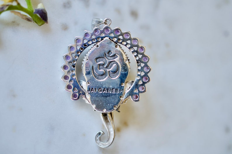 Jai Ganesha Necklace with Amethysts, Rhodolite Garnets, and Blue Sapphires