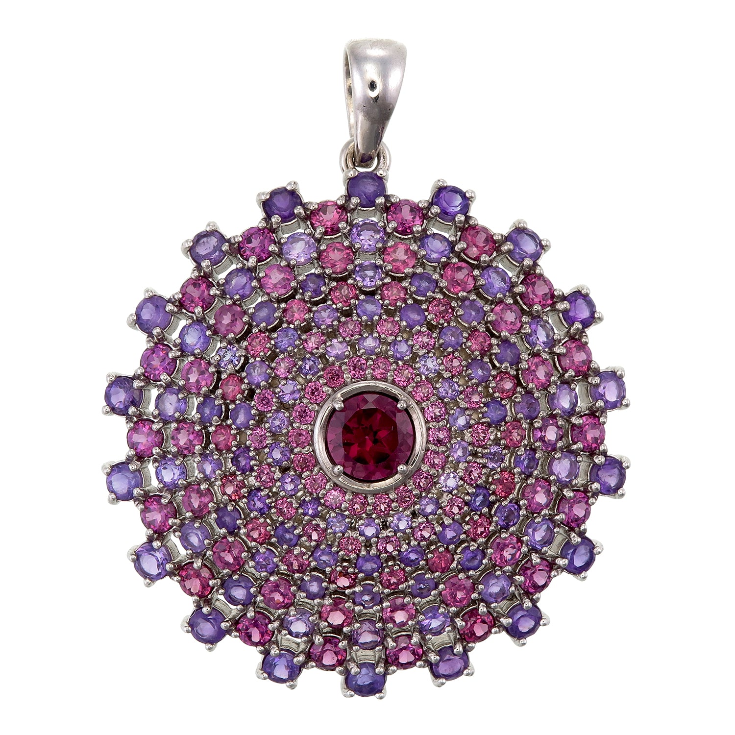 Rhodolite Garnet and Amethyst Sterling Silver Mandala Pendant