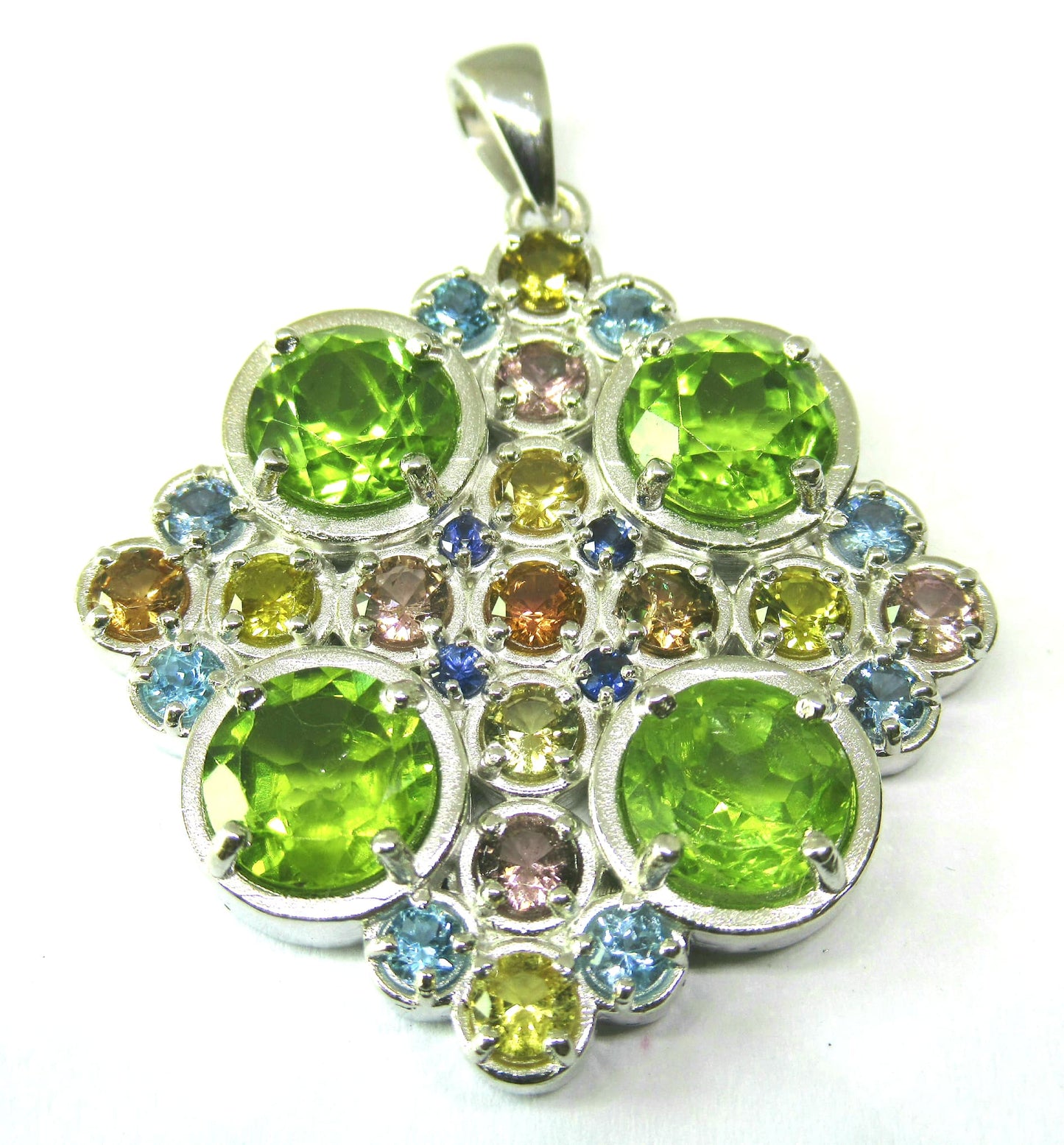 Metta Peridot, Tourmaline, Topaz, & Sapphire Sterling Silver Mandala Pendant #5