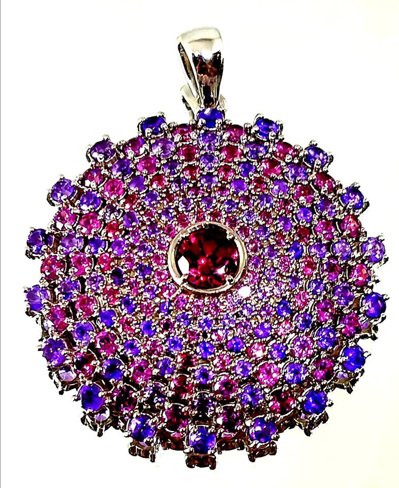 Rhodolite Garnet and Amethyst Sterling Silver Mandala Pendant