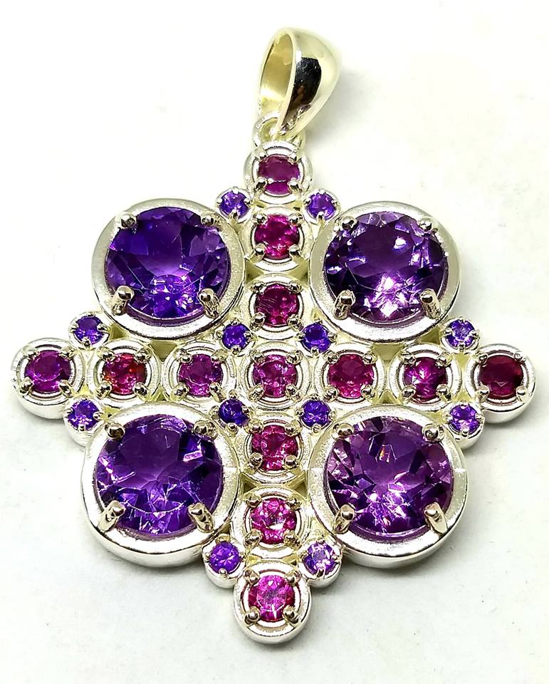 Amethyst & Pink Tourmaline Mandala Sterling Silver Necklace #4