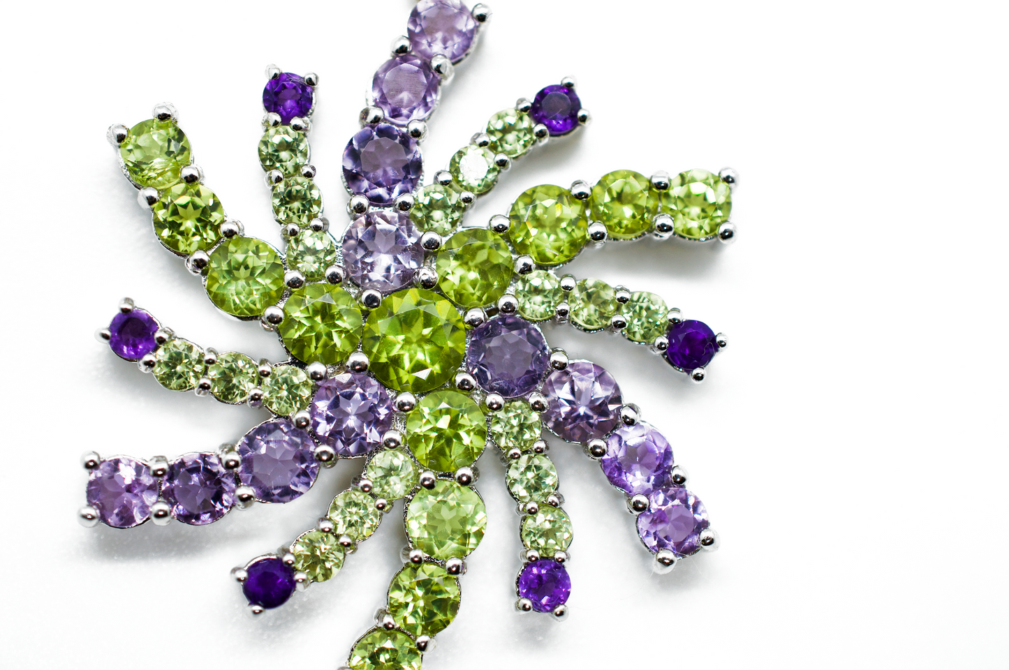 Green Peridot & Purple Snowflake Mandala Silver Necklace