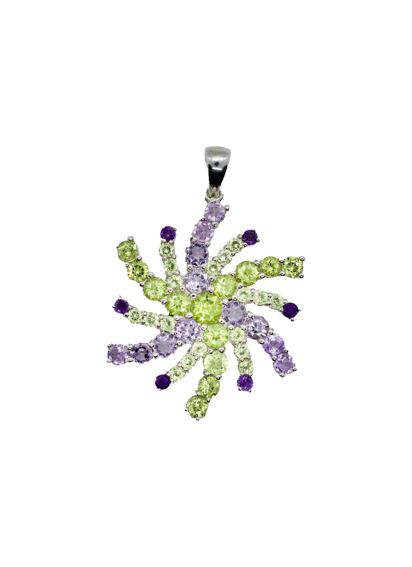 Green Peridot & Purple Snowflake Mandala Silver Necklace