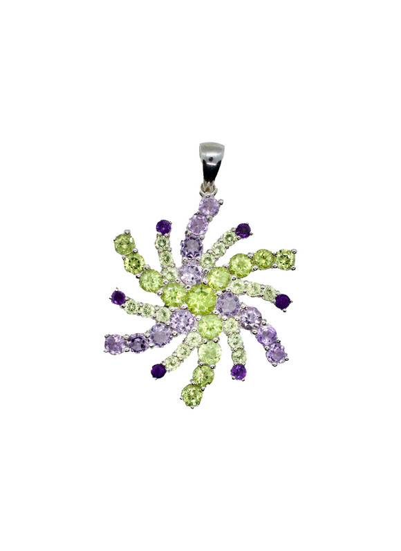 Green Peridot & Purple Snowflake Mandala Silver Necklace