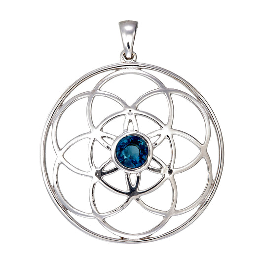 Seed of Life Sterling Silver Pendant with Blue Topaz