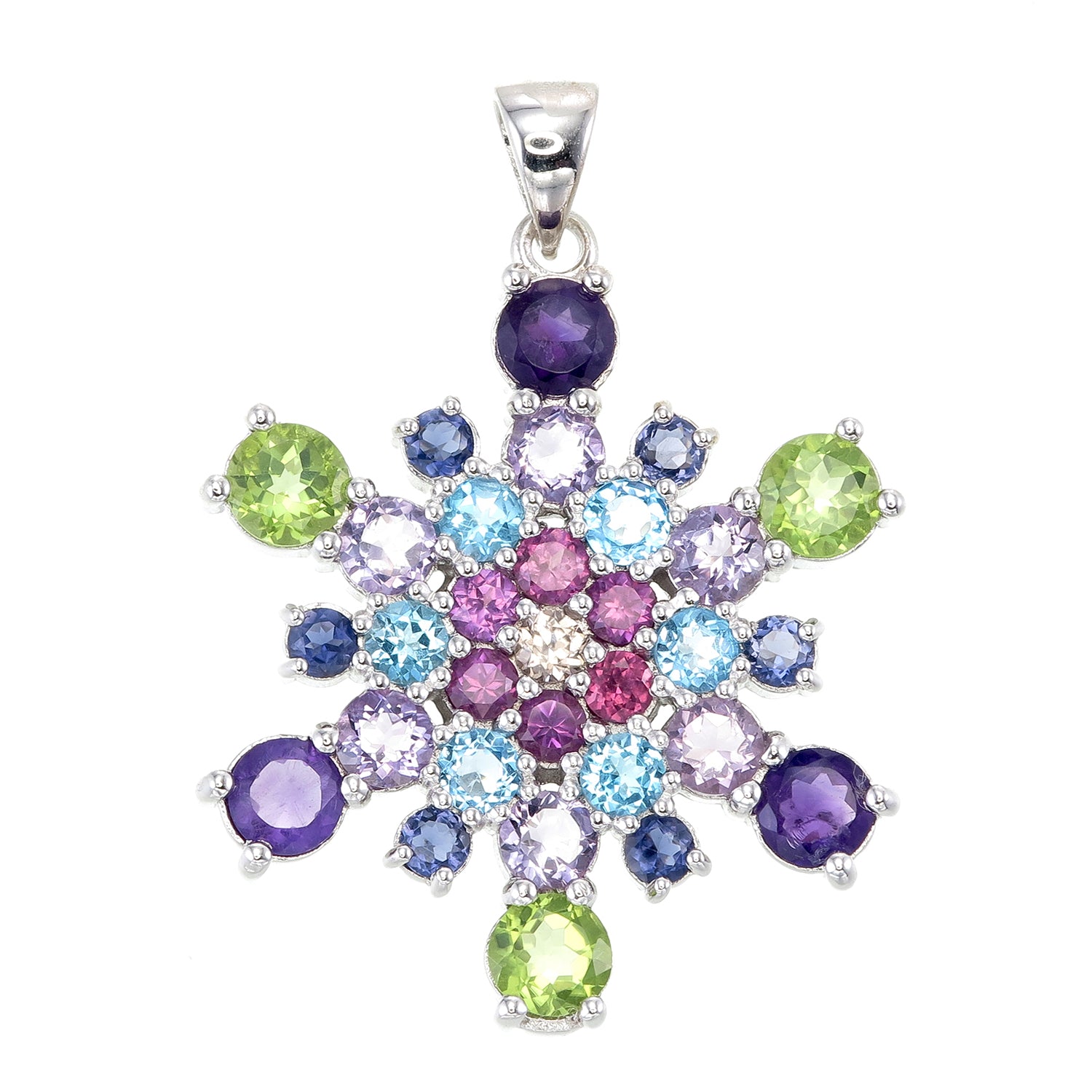 Mt. Whitney Amethyst, Rhodolite, Blue Topaz, & Peridot Sterling Silver Snowflake Pendant