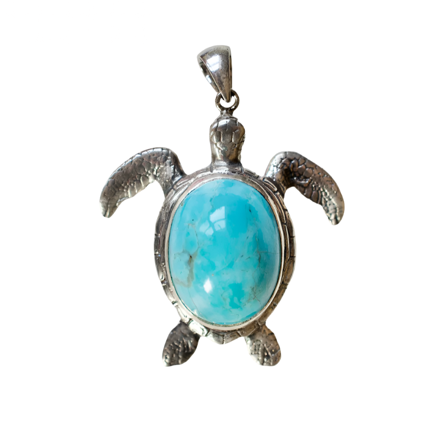 A sterling silver turtle-shaped pendant necklace with a turquoise gemstone in the center.