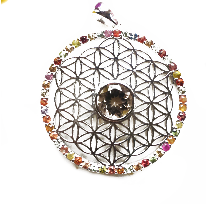 Earth and Sky Rainbow Sapphire Flower of Life Surrounding Smokey Quartz Pendant