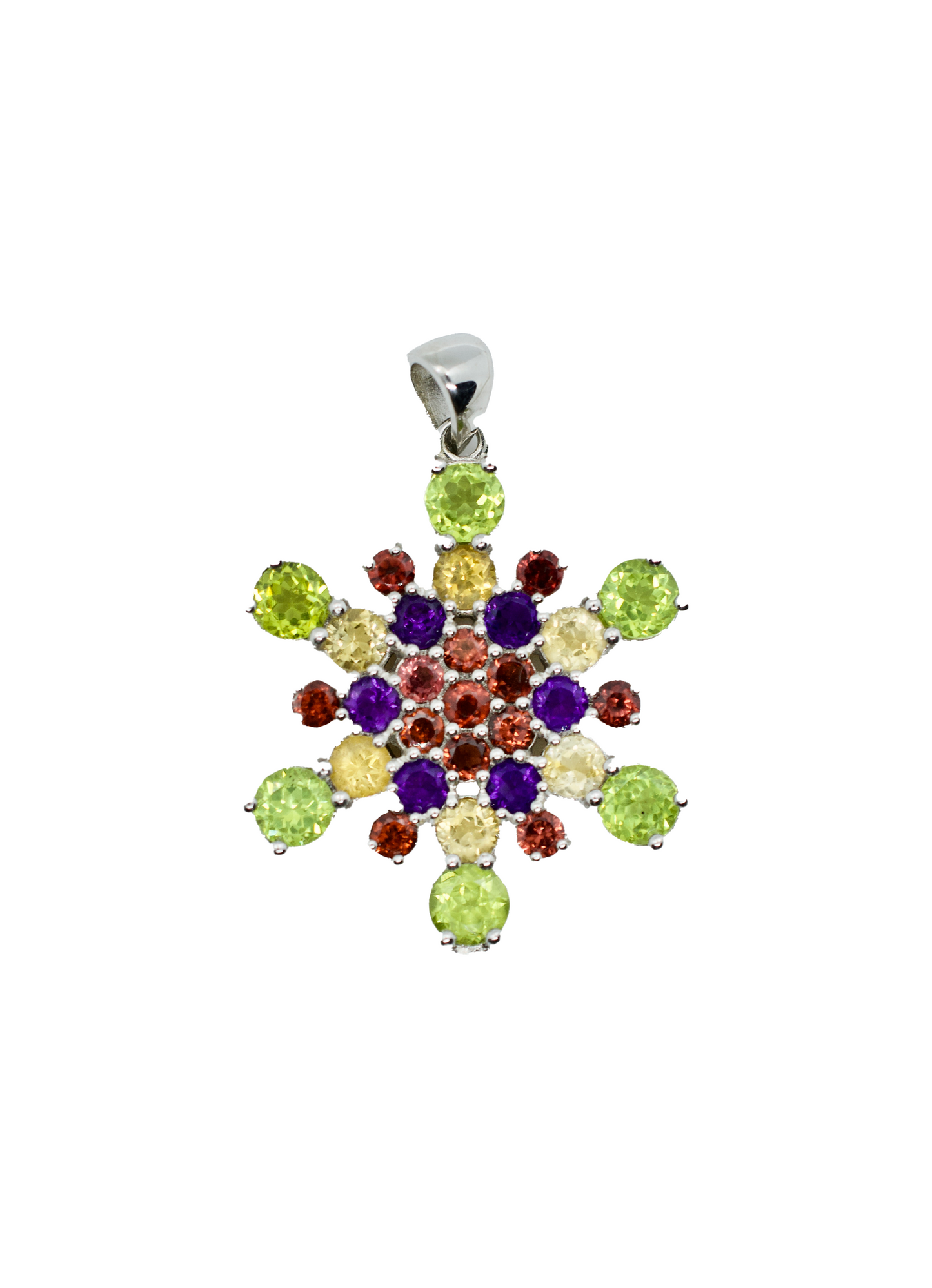 Mt. Ritter Amethyst, Garnet, Citrine, Peridot Sterling Silver Snowflake Necklace