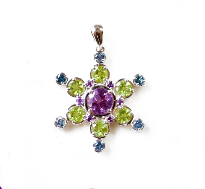 June Mt. Snowflake Amethyst Peridot Topaz Silver Pendant Necklace