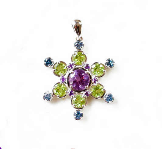 June Mt. Snowflake Amethyst Peridot Topaz Silver Pendant Necklace