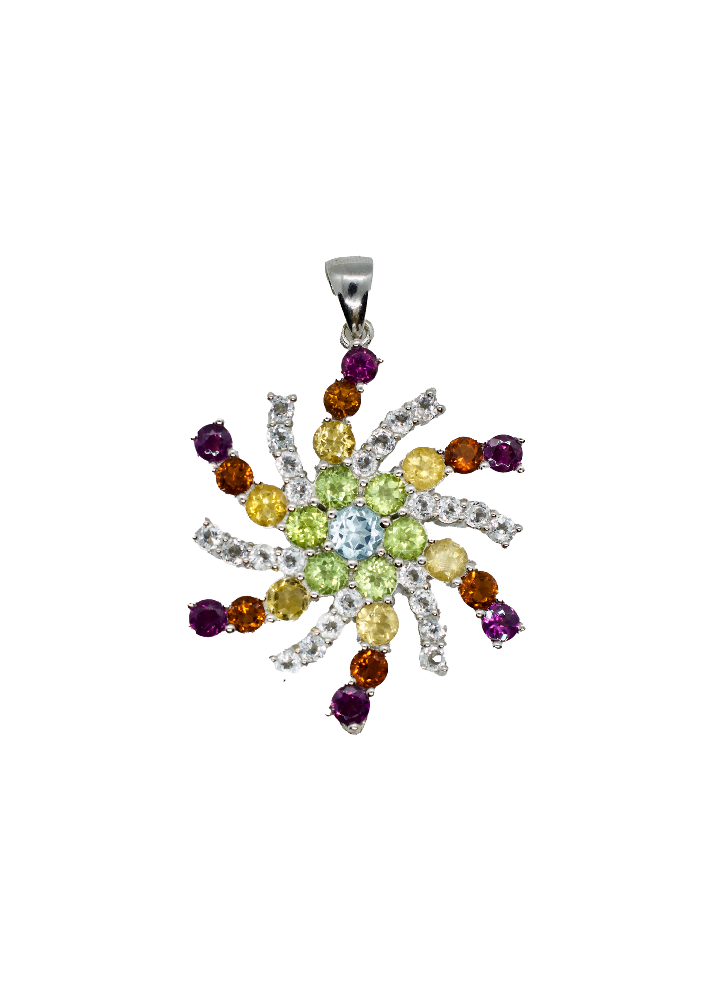 Lone Pine Peak Snowflake Necklace #5 Sterling Silver Peridot, Zircon, Citrine & Amethyst