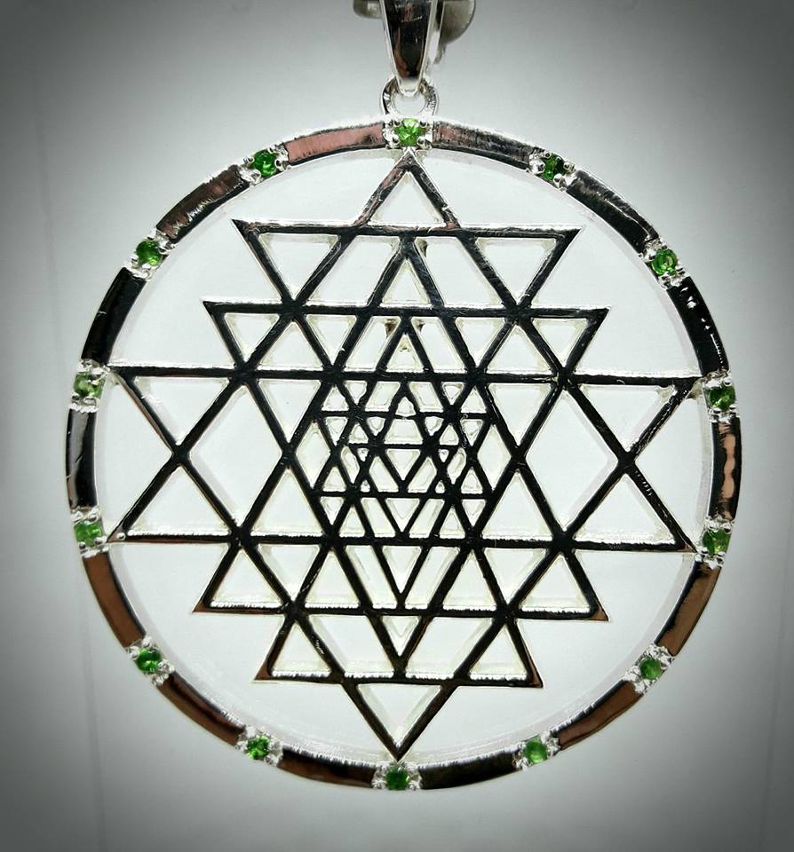 Sri Yantra Necklace with Sapphires or Tsavorite in Silver