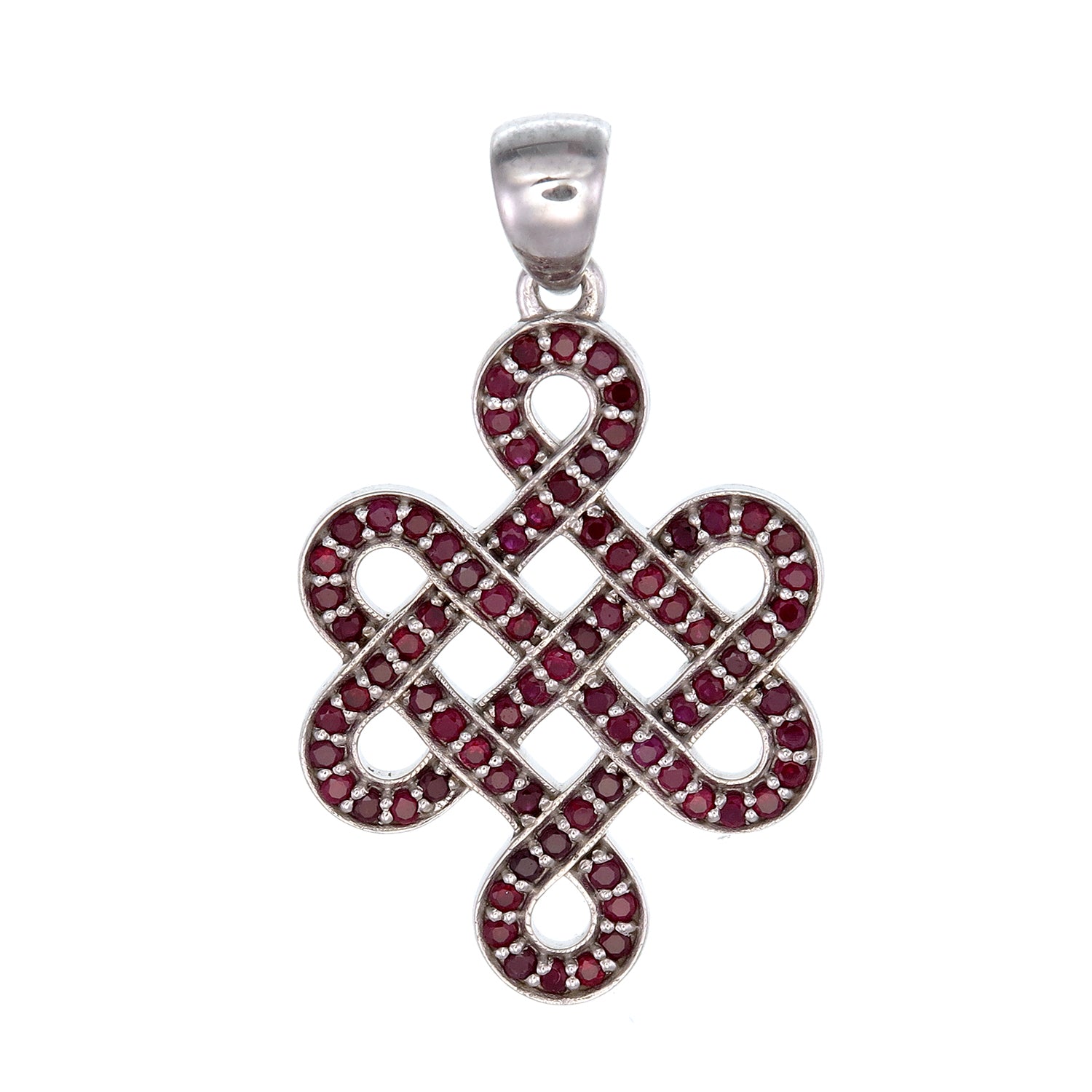 A sterling silver pendant featuring a Ruby Shrivasta Endless Knot design with multiple interlinked circles and a central ruby surrounded by smaller clear rubies.